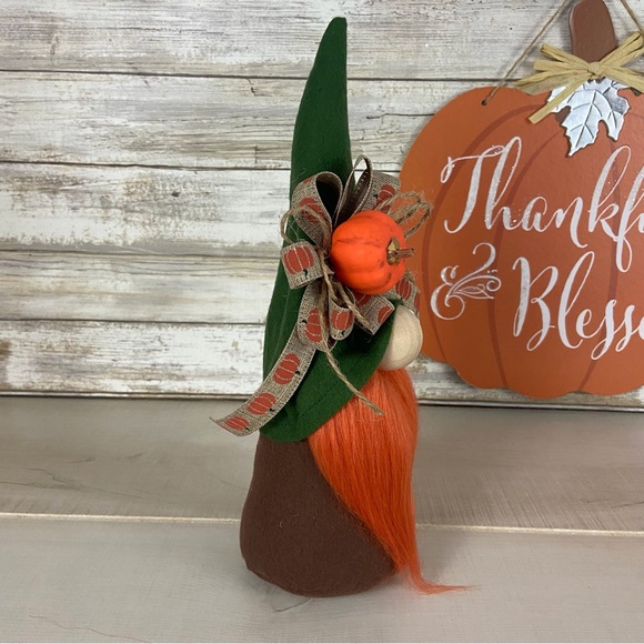 Gnome Fall Autumn Pumpkin Ribbon Green Brown Flannel Shelf Sitter Home Decor - Picture 5 of 10